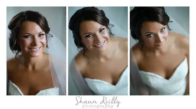Three bridal portrait photos of a smiling woman in a white dress, arranged in a collage.