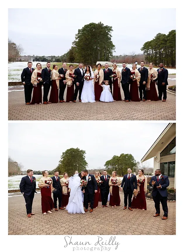 Wedding party posing outdoors in formal attire, with the bride and groom centered in two group photos.