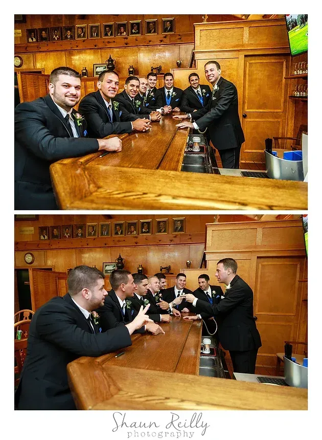 Two men shake hands across a wooden table in a formal wood-paneled room; two similar moments shown above and below.