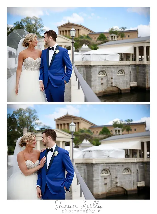 Bride and groom on a bridge by a stone canal, with historic buildings in the background