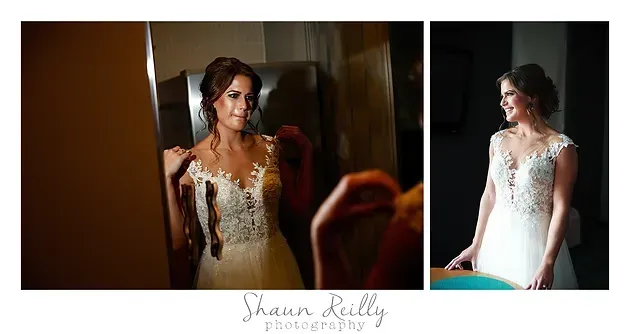 Bride in a white lace dress posing by a window in a two-panel wedding portrait