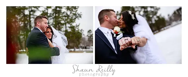 Wedding couple embracing outdoors in snowy scenes, with a logo beneath the photos