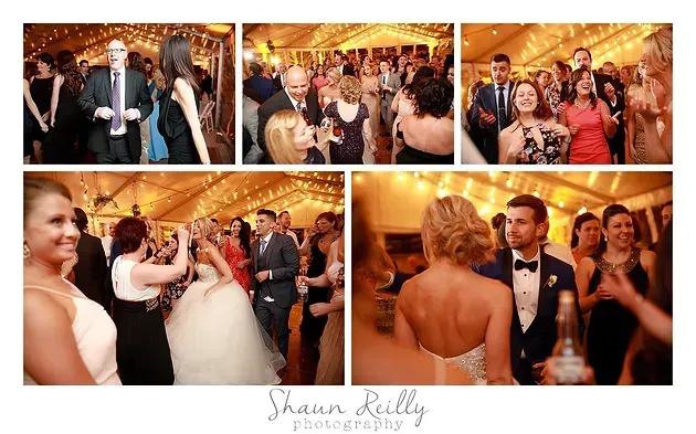 Wedding reception collage with dancing guests under warm string lights