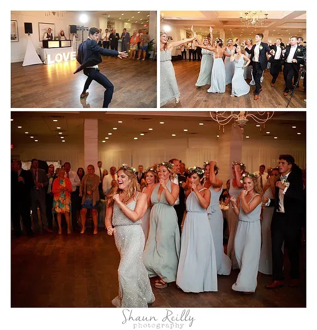 Wedding guests dancing at a reception, including a bouquet toss and cheering crowd