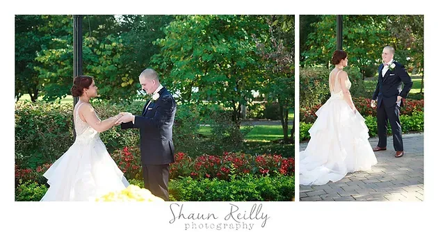 Bride and groom exchanging vows in a garden wedding ceremony