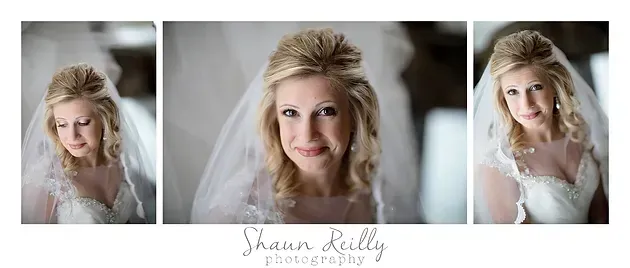 Three bridal portrait photos of a smiling woman in a veil, with “Shawn Kelley” text below