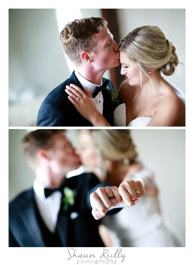 Wedding couple kissing, with the bride showing her rings in a close-up below.