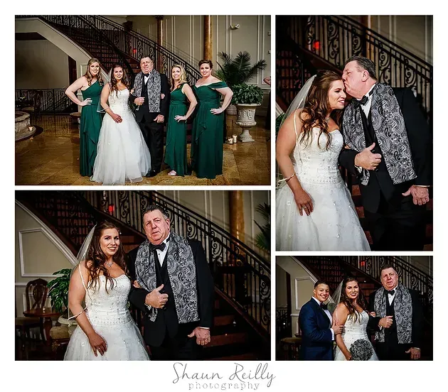 Wedding party poses in formal attire on a grand staircase and lobby, with bride and groom in close-up shots