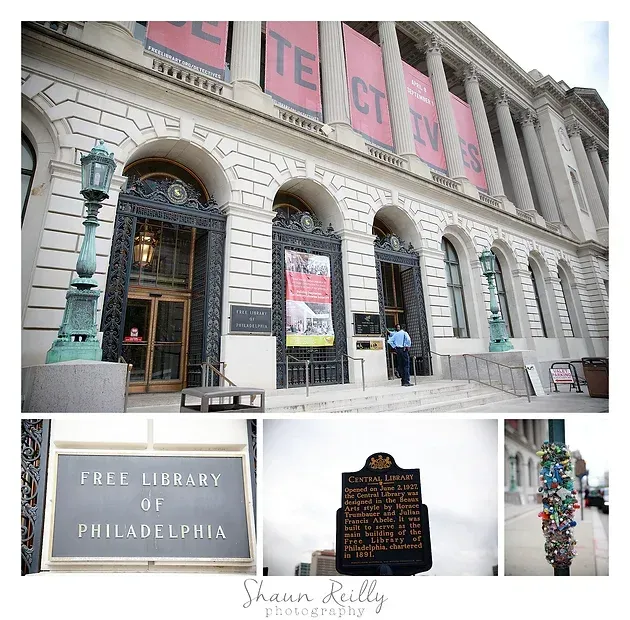 The Free Library of Philadelphia entrance with stone facade and pink banners, plus a commemorative plaque collage