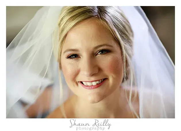 Smiling bride in a white veil, close-up portrait with soft background blur