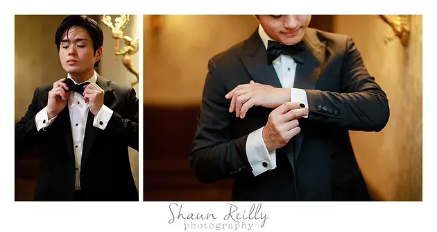 Bridegroom adjusting cufflinks in a tuxedo, shown in two warm-toned portrait shots.