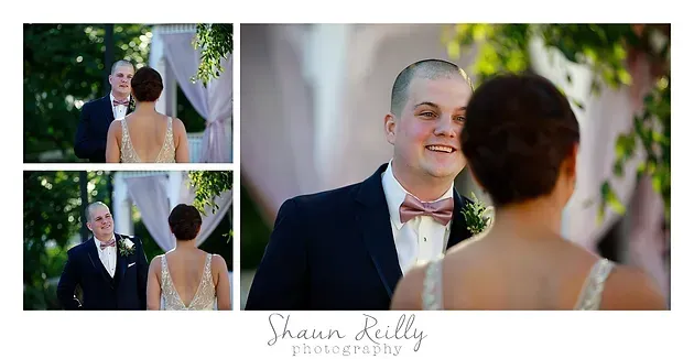 Wedding collage of a couple exchanging vows under a floral arch, including a close-up of the groom smiling.