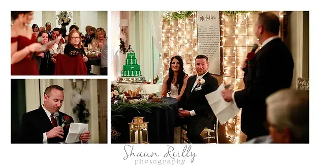 Wedding reception toast collage with guests applauding, a man speaking, and a couple seated at a decorated table