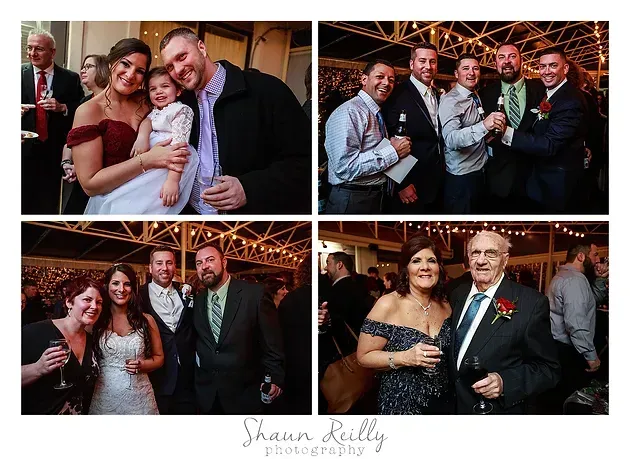 Collage of four formal event photos with a couple and guests posing indoors under warm lights