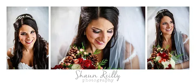 Wedding portrait collage of a smiling bride with bouquet, including close-up and full-length shots