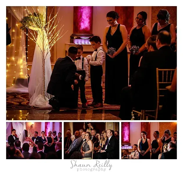 Wedding reception collage: groom kneels by child under sparkling lights, with guests watching on a dimly lit dance floor.
