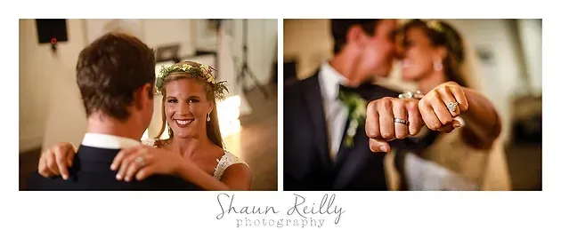 Couple slow dancing at a wedding, smiling in formal attire, with close-up hands and rings.