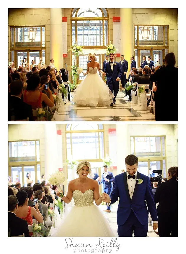 Bride and groom walk down the aisle in a bright church during a wedding ceremony.