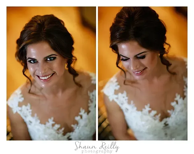 Two side-by-side bridal portraits of a smiling woman in a white lace dress, viewed from above