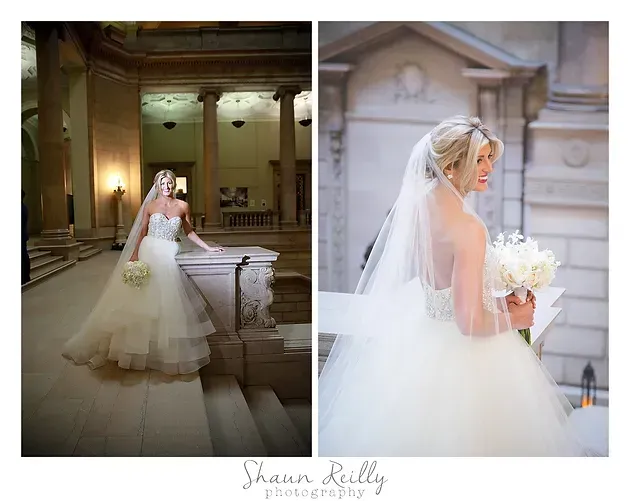 Bride in white gown and veil holding bouquet in an elegant indoor venue, shown in two portraits