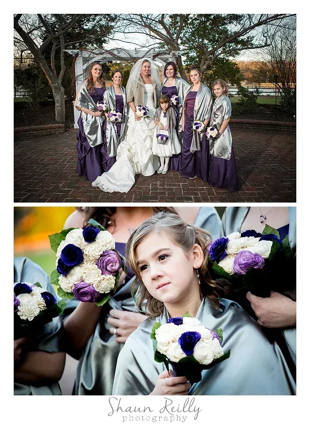 Bridal party in purple dresses and bouquets poses outdoors; close-up of a girl holding purple-and-white flowers.