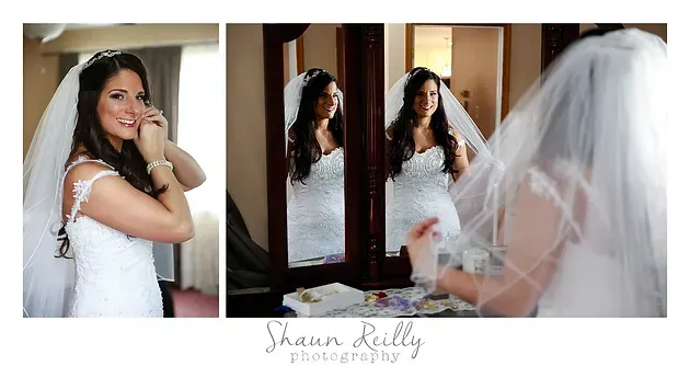 Bride in white gown poses by a window, with close-up bridal portraits and veil flowing across the frame