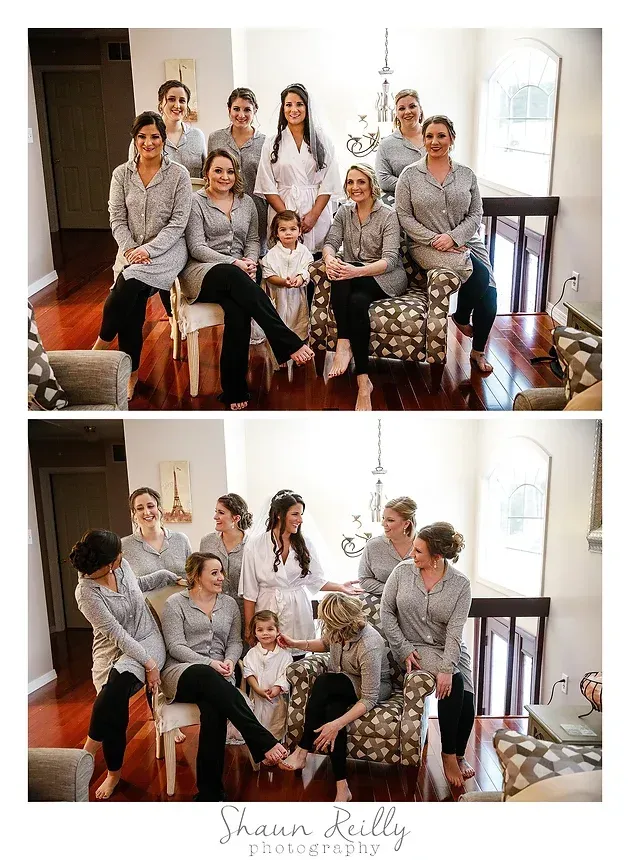Two family group portraits on a staircase, with people in matching gray loungewear smiling and posing indoors