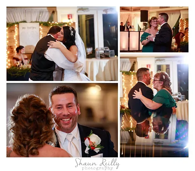 Wedding collage of a couple embracing and dancing at a warmly lit reception