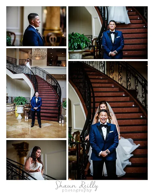 Bride and groom posing on a grand staircase in a formal wedding collage