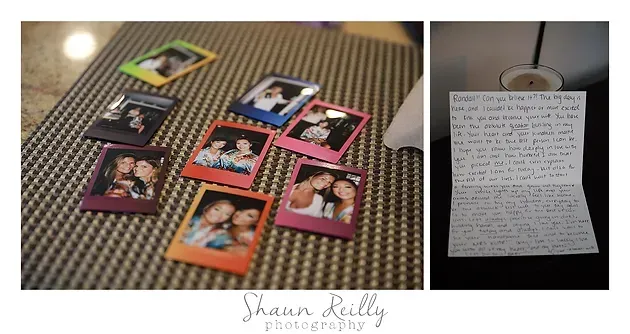 Left: colorful framed photos on a carpet. Right: a handwritten note on a clipboard.