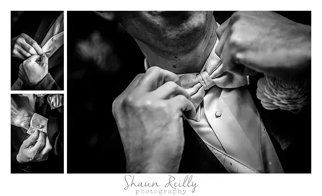 Hands fastening a shirt collar in a black-and-white wedding preparation photo collage