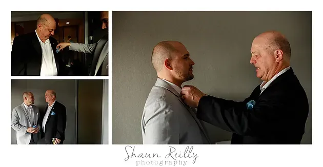 Wedding collage: two men adjusting each other’s suit jackets, with a small portrait inset on the left.