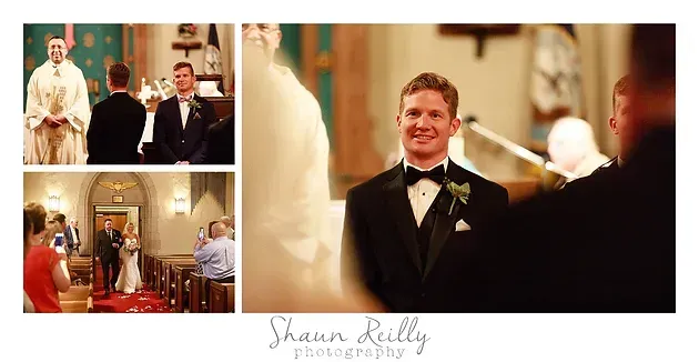 Wedding collage with groom smiling in tuxedo and ceremony scenes in a church