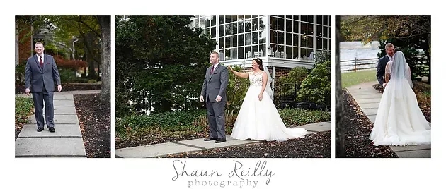 Wedding couple posing outdoors by greenery and a stone building, with three portrait shots in a collage