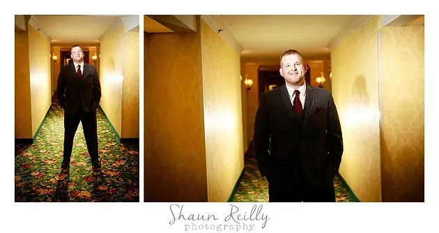 Man in a black suit standing in a narrow, gold-lit hallway, shown in two posed photos.