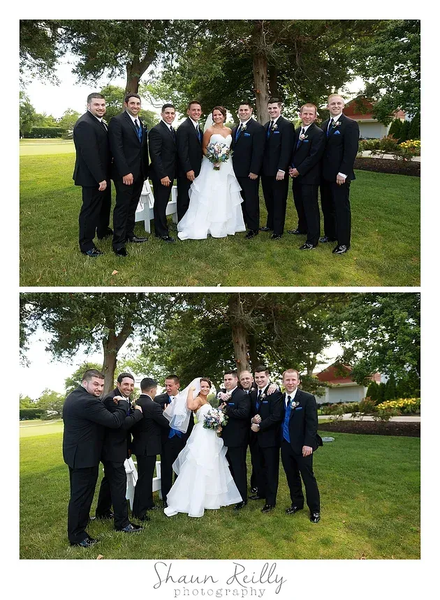 Wedding party posing on a grassy lawn, then celebrating with raised glasses under trees.
