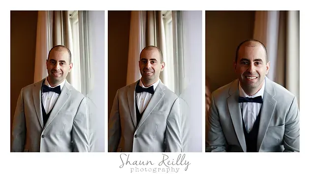 Three portraits of a man in a light suit and bow tie standing by curtains, smiling in a formal setting.