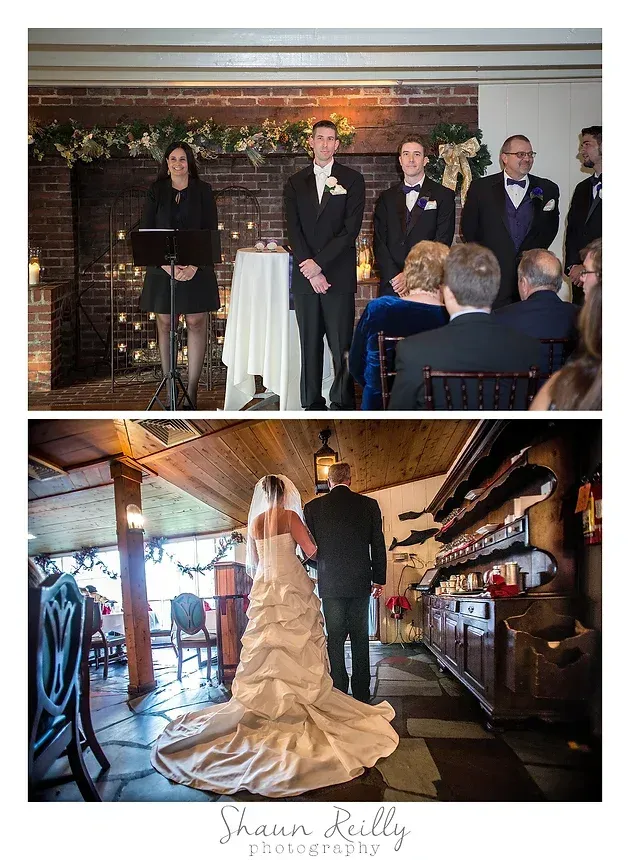 Wedding ceremony in rustic indoor venue, with bride in white gown and groom at aisle entrance