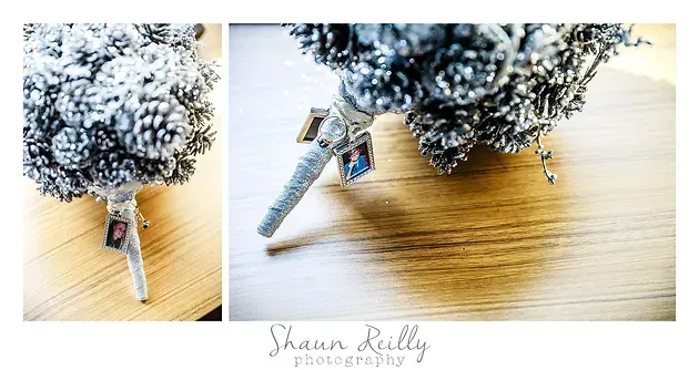Bouquet of white flowers with a silver cross ornament on a light wood table, shown in two close-up views