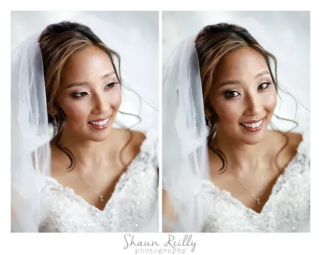 Side-by-side bridal portrait of a smiling woman in a white veil and lace dress