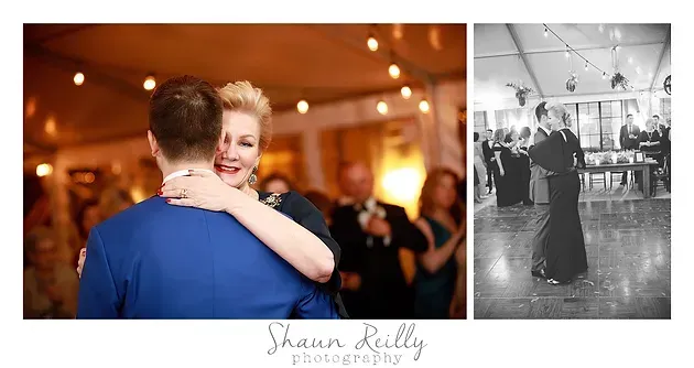 Couple embracing at a warmly lit reception, beside a black-and-white wedding dance scene