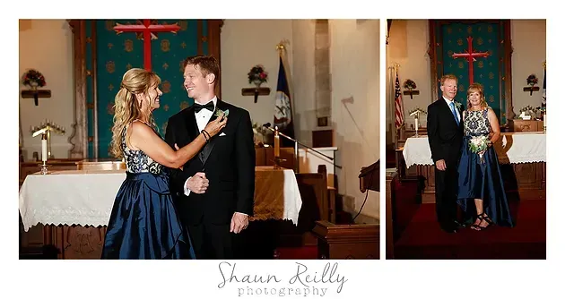 Couple dancing in a church aisle during a wedding, with altar candles and red cross backdrop