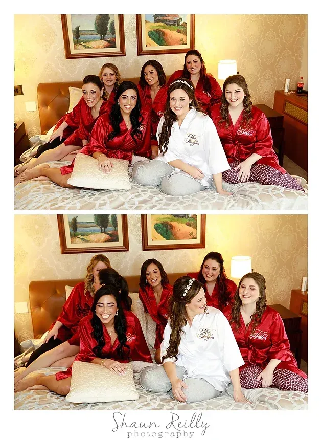 Seven people in red robes posing on a bed in a hotel room, with two group shots stacked vertically.