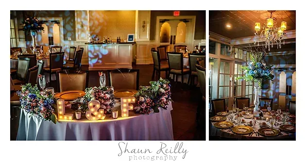 Elegant restaurant dining room with floral centerpieces, warm lighting, and chandeliers