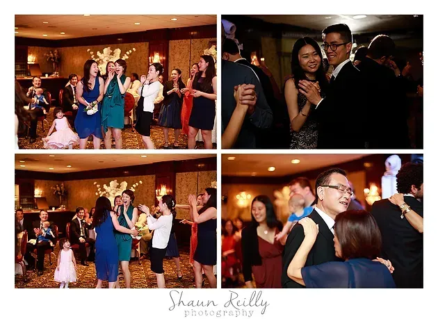Wedding reception collage of guests dancing and celebrating indoors under warm lights