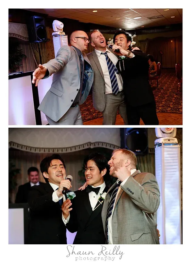 Four men in formalwear posing and smiling at a celebration, with a top-and-bottom photo collage.