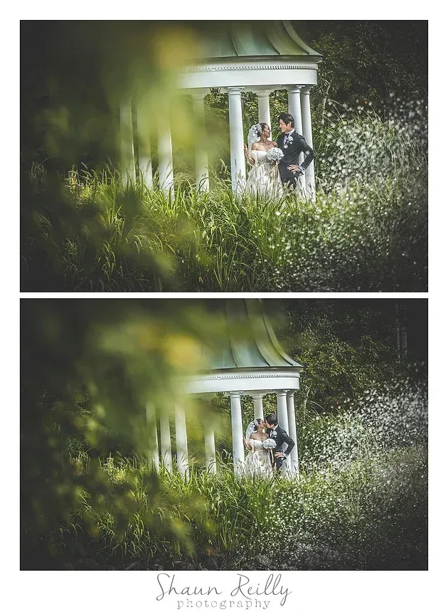 Two wedding photos of a couple embracing by a white gazebo in tall green grass