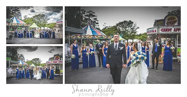 Wedding party posing in a plaza, with bride and groom center stage in blue-and-white attire.