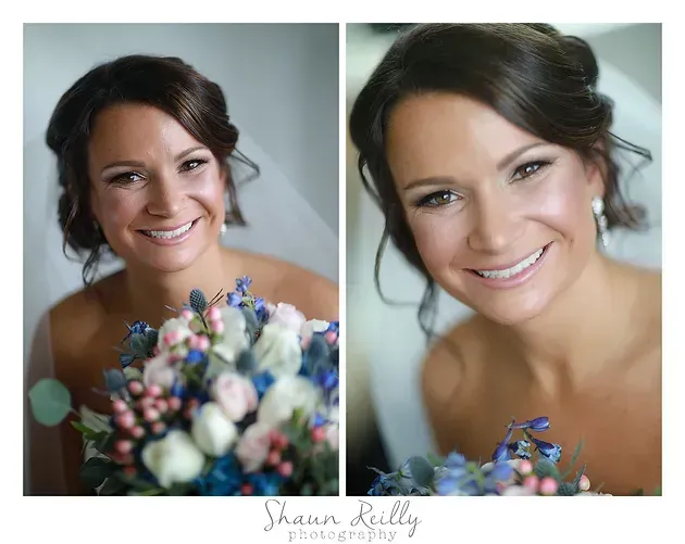 Smiling bride in white dress, with bouquet, shown in two portrait photos.