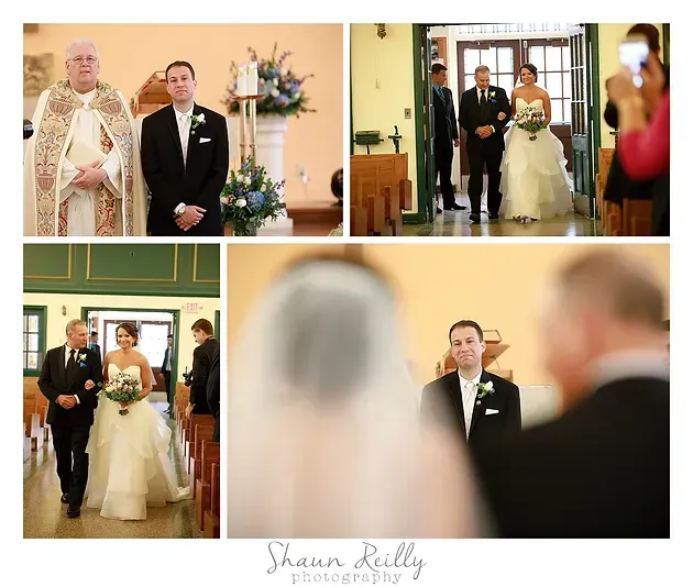 Wedding ceremony collage with bride and groom entering a church aisle as guests watch